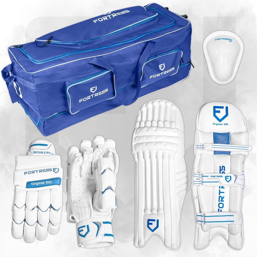 Jambières et gants de cricket Fortress Original 100 en sac à roulettes