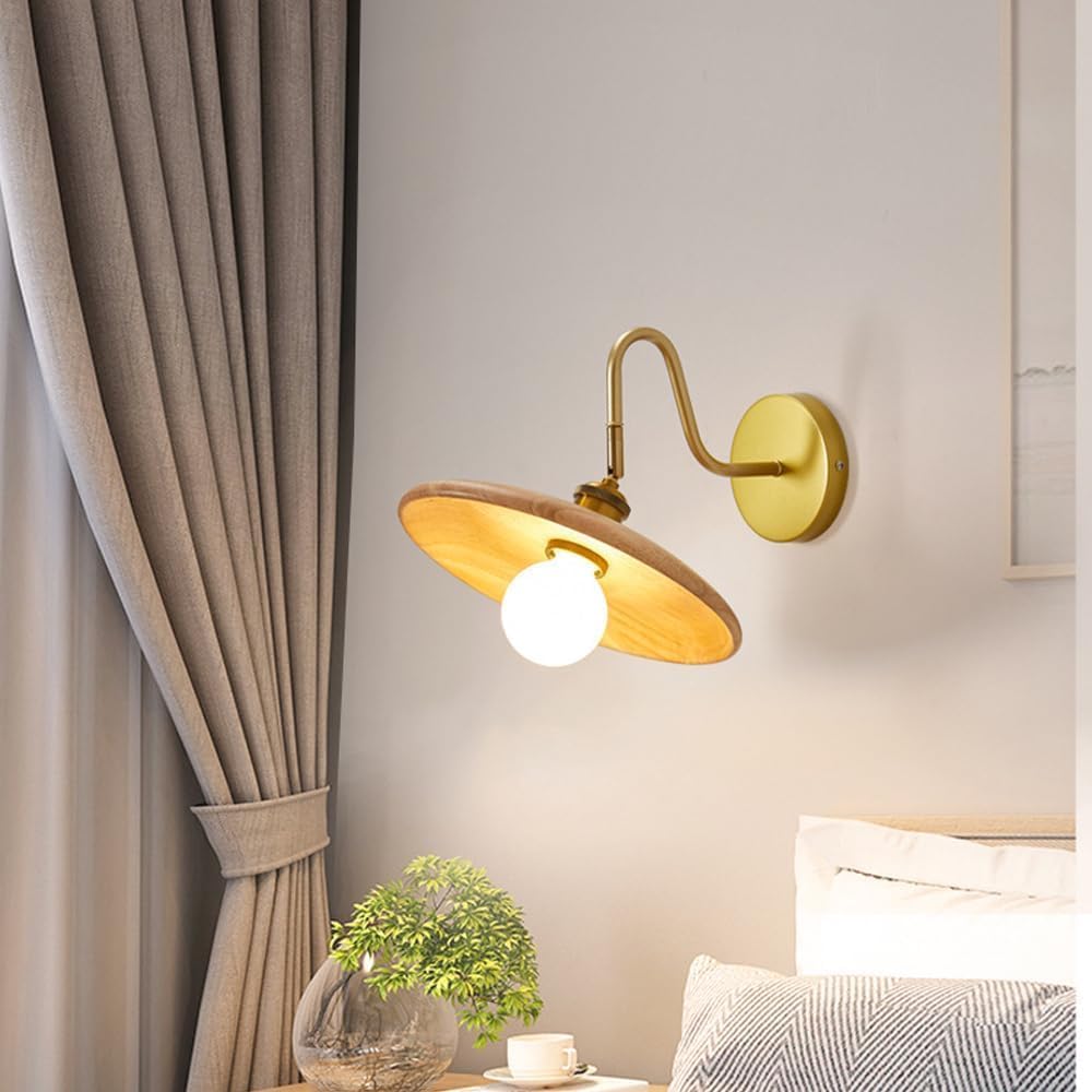 Modern Light Luxury Farmhouse Wall Sconce Vintage Wood Gold Bedroom Wall Light Adjustable Log Color Nordic Rustic Mid Century Modern Light Reading Bedside Wall Mounted Lamp for Living Room