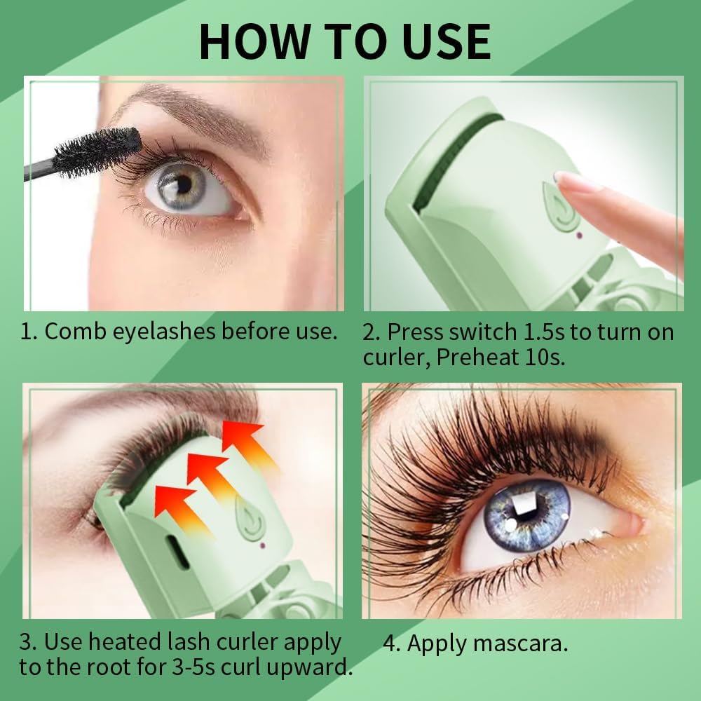 Heated Eyelash Curler, Fast 5s Heat up, 24 Hours Long Lasting, Rechargeable Electric Lash Curler, Temperature Control, Safe Anti-Burn Eye Lash Curler, Quick Natural Curling Lashes (Green) - Image 7