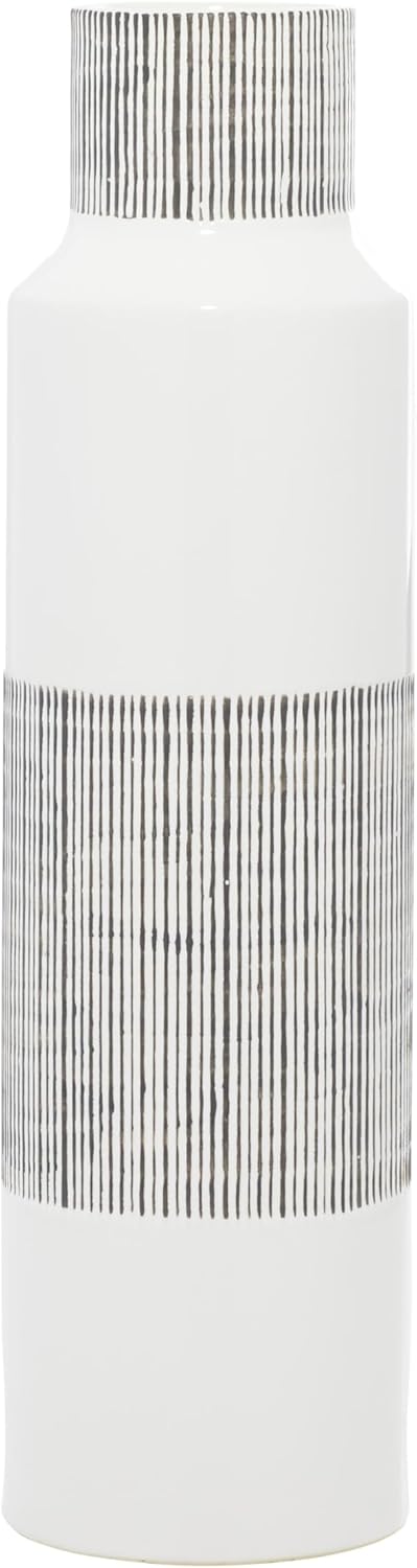 CosmoLiving by Cosmopolitan Ceramic Vase with Grey Striped Accents, 6" x 6" x 22", White