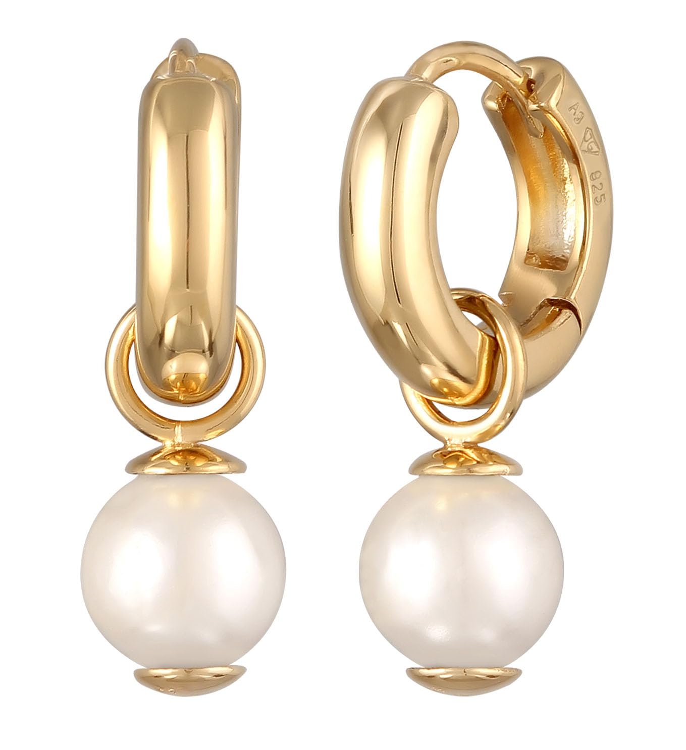 Kuzzoi Orecchini da uomo in argento 925 placcato oro (12 mm) orecchini a cerchio rotondi per l'uomo classici orecchini con perla di conchiglia, Argento sterling Oro giallo