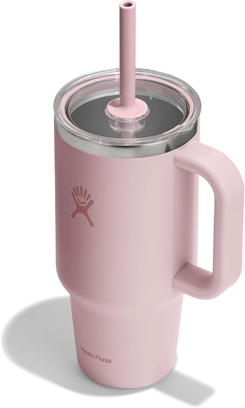 Vaso de viaje con asa, tapa transparente y pajita - Acero inoxidable aislado