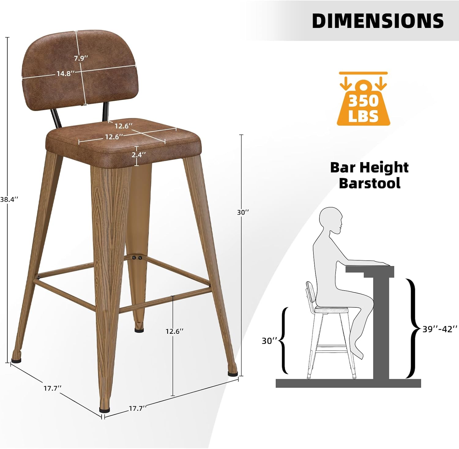 30" Bar Stools Set of 4, Faux Leather Counter Height Barstools with Low Back, Upholstered Bar Chairs with Heavy Duty Metal Legs for Kitchen Island, Walnut Brown