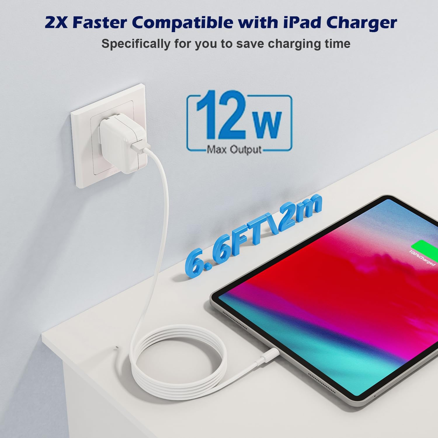 Fitquipment Compatible with iPad iPhone Charger Fast Charging 2Set 6FT Cable Cord with 12W Foldable Block Charging Travel Wall Plug Compatible with i Pad, iPadPro, iPadAir,iPhone - Image 2