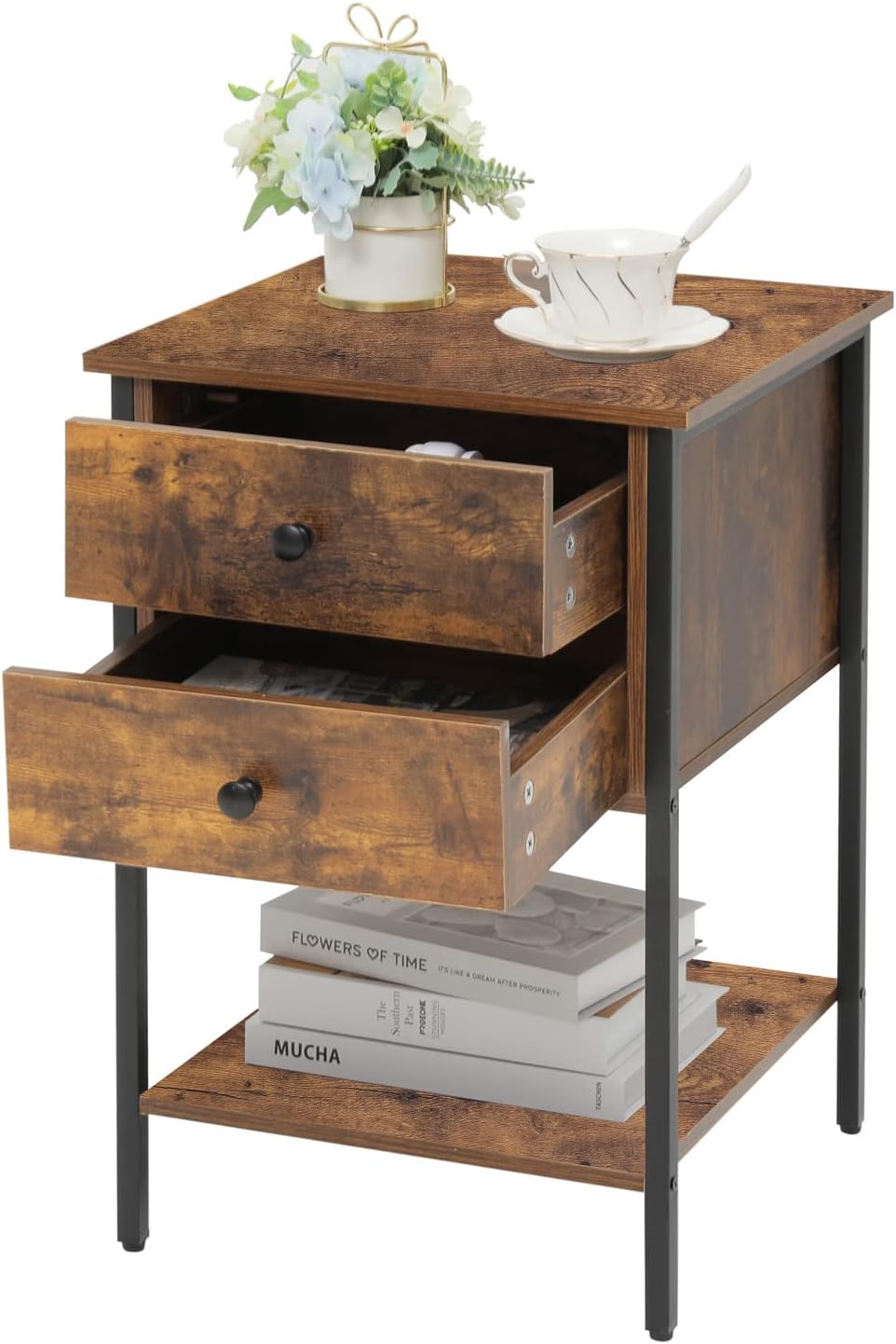 WEENFON End Table with 2 Drawers, Industrial Nightstand with Open Storage Shelves, Bedside Table, Easy Assembly, Wooden Nightstand, Rustic Brown : Home & Kitchen