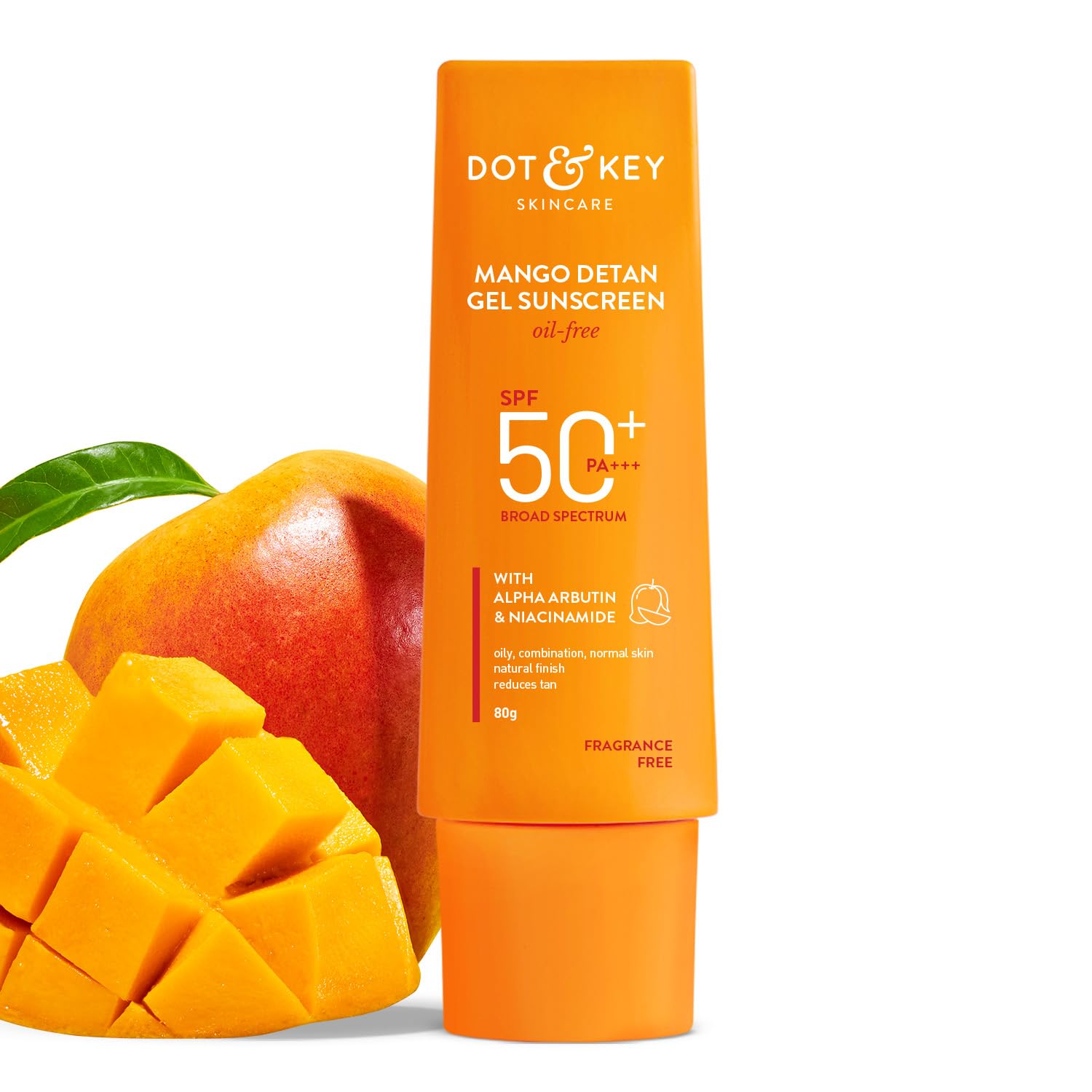 Mango Detan Gel Sunscreen SPF 50+ PA+++ 80g In-Vivo Tested | Oil-Free, With Alpha-Arbutin & Niacinamide | Controls Tanning, Brightens Skin | Fades Dark Spots, Water Resistant | All Skin Types | 80g