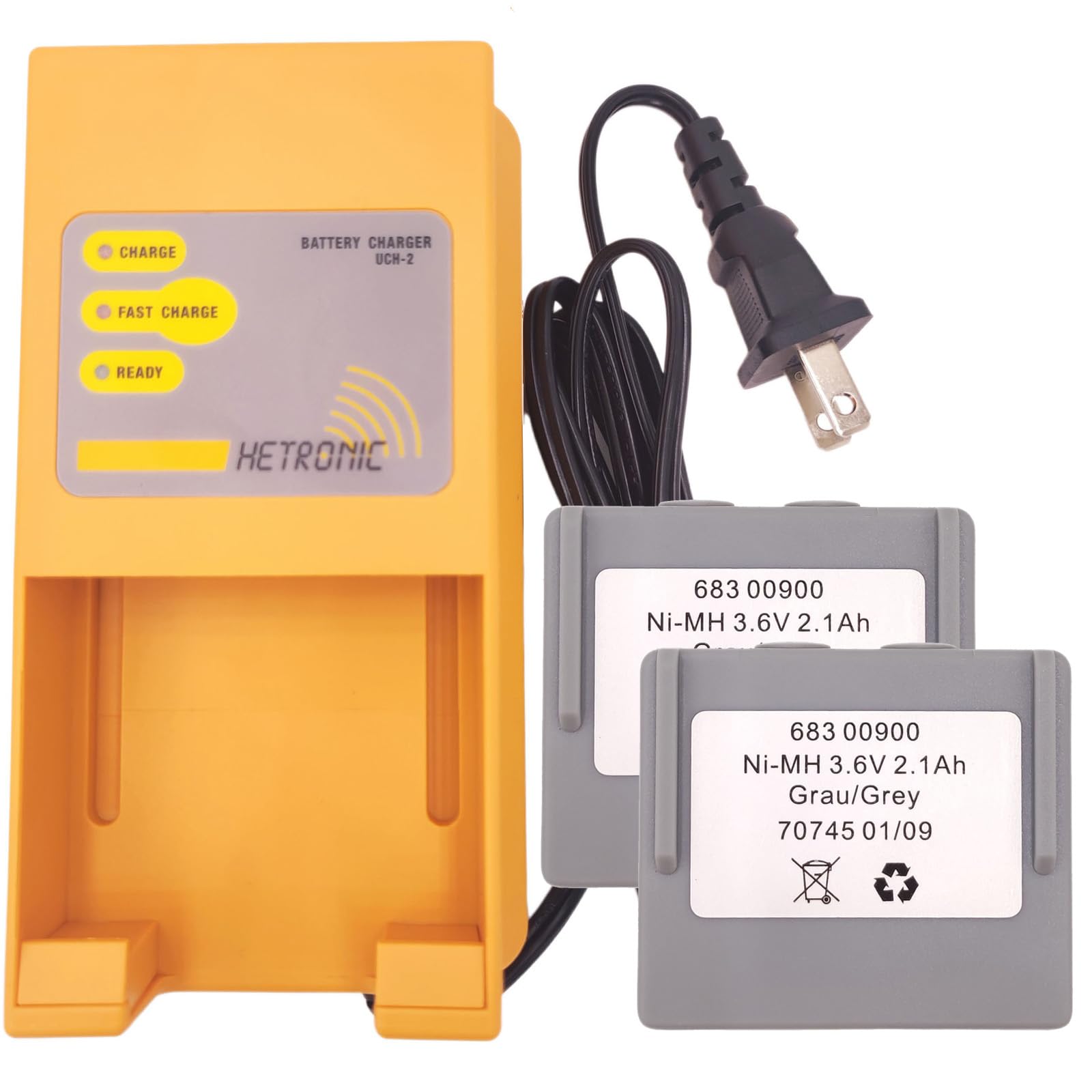 (1*Charger + 2*Battery) UCH-2 Battery Charger (Input 90-270VAC Out 300/780mA) with 3.6 Volt 683 00900 Battery for Hetronic 68300900 Battery + Charger (US Plug)