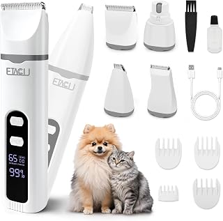 ETACCU Kit de aseo 4 en 1 para perros con pantalla LED, cortaúñas para perros y recortadora de patas de bajo ruido, inalámbrica, cortadora de uñas para perros y gatos