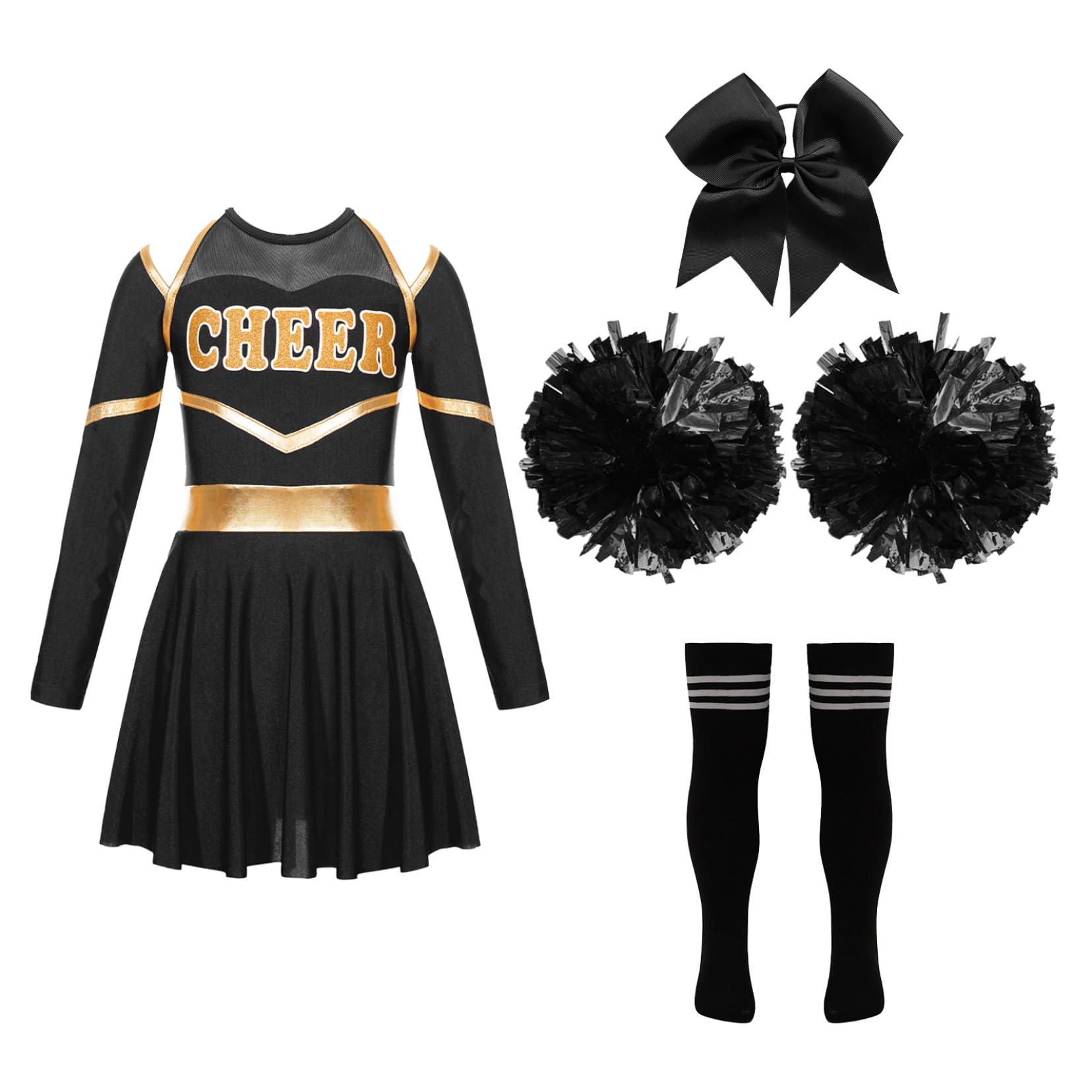 TSSOEGirls Cheerleading Uniform Long Sleeve Leotard Dress Cheer Leader Outfits Performance Costume