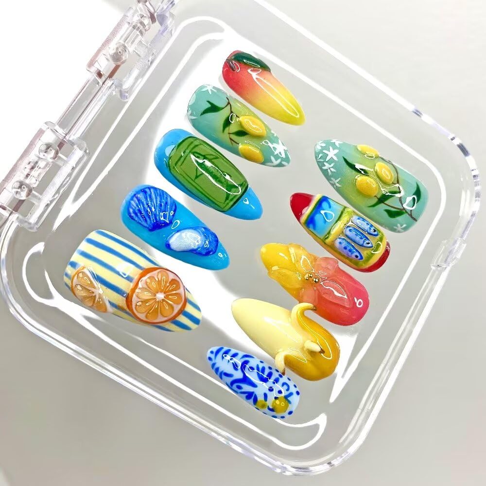 MAGLFELL Women Press On Nails - Medium Almond False Nails 10Pcs Luxury Handmade 3D Painting Art ABS Acrylic Artificial Fingernails (Size M)