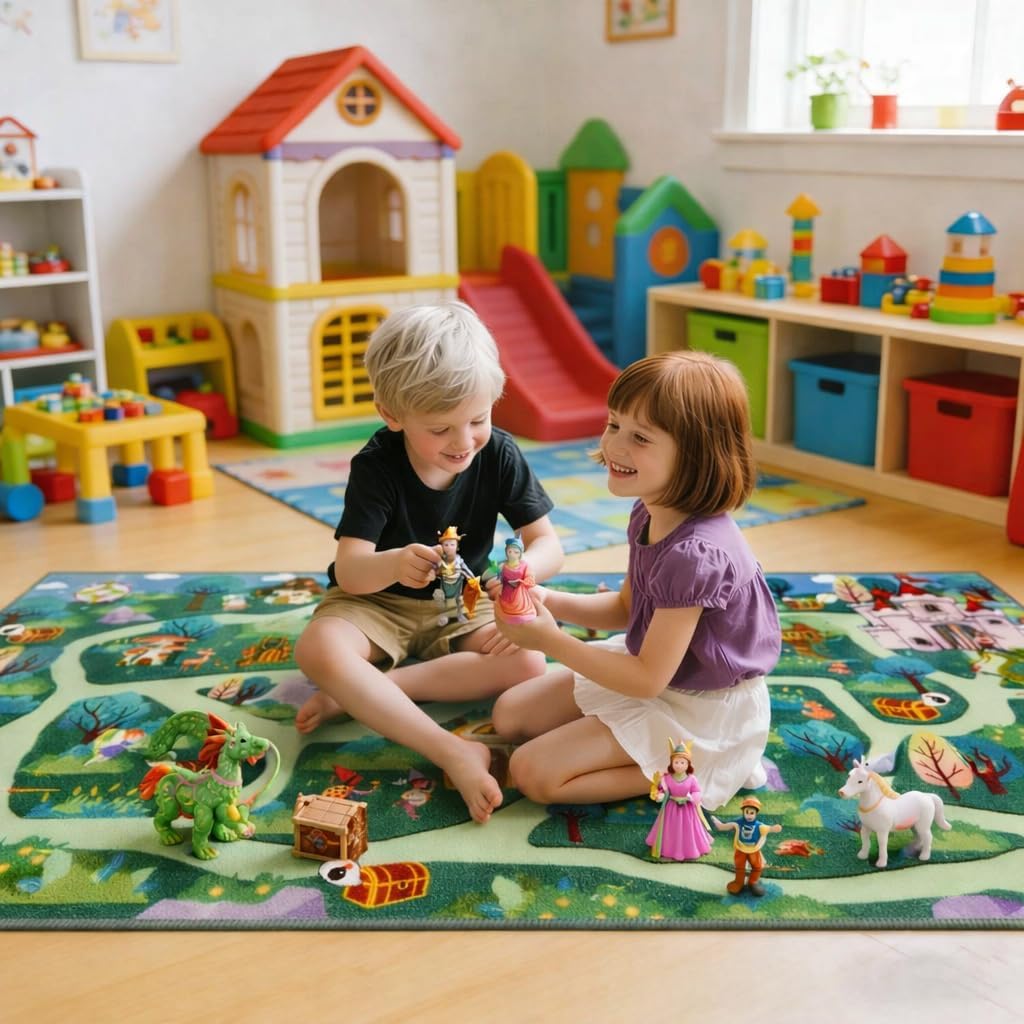 LIVEBOX Whimsical Kids Playroom Rug, Washable Non Slip Play Mat for Boys and Girls, Forest Road Rug Fantasy Carpet for Kids Room, Bedroom (60" x 32", Green)