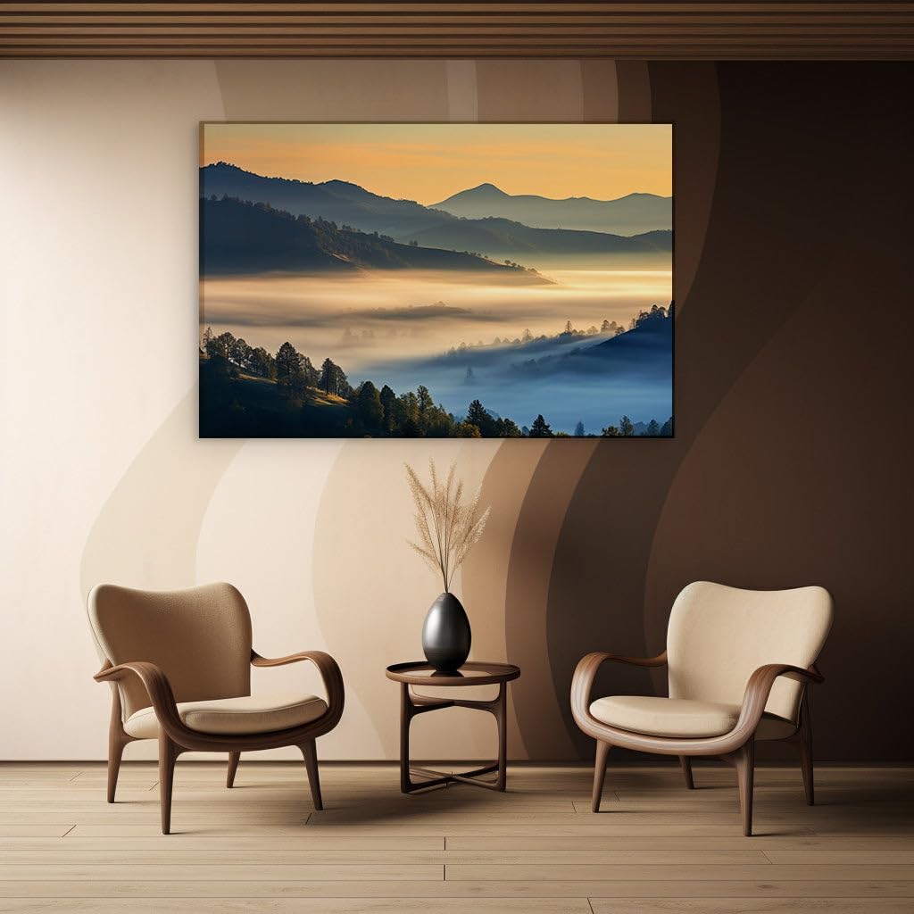 Canvas for Living room. Dawn's Embrace: A Journey into the Tranquil Heart of the Mountains, 27 x 18 inch Canvas Wall Art - Contemporary Masterpieces - Modern Home Decor
