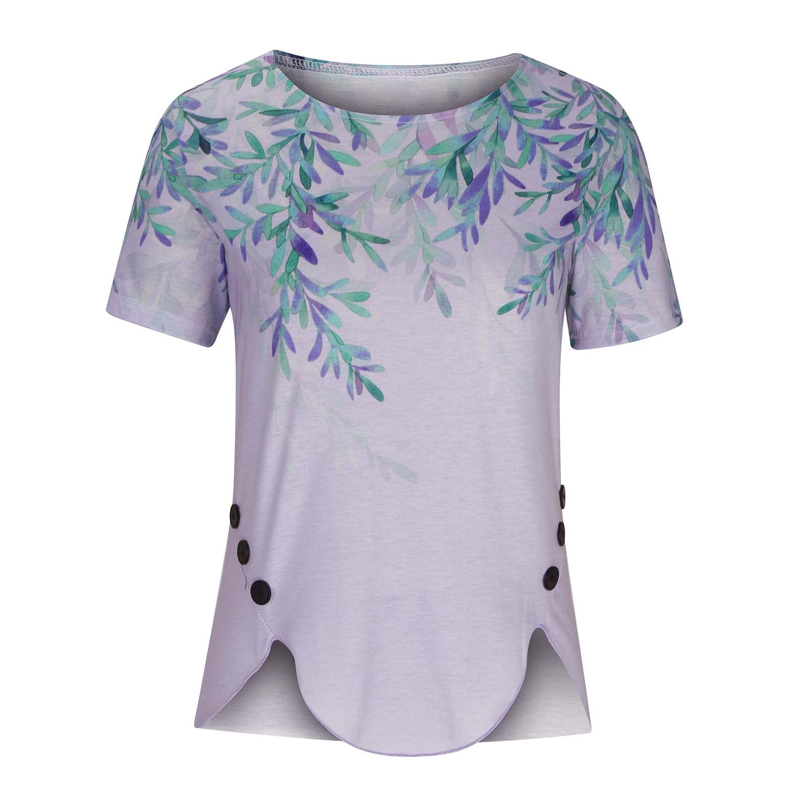 EMATOP Tunika Damen Sommer Elegante Tshirt Sport Baumwolle Bluse Longshirt Locker Rundhals Oberteile Vintage Neue Drucke Kurzarm Tops Mode Asymmetrischer Saum Sommershirts Bequem Longbluse