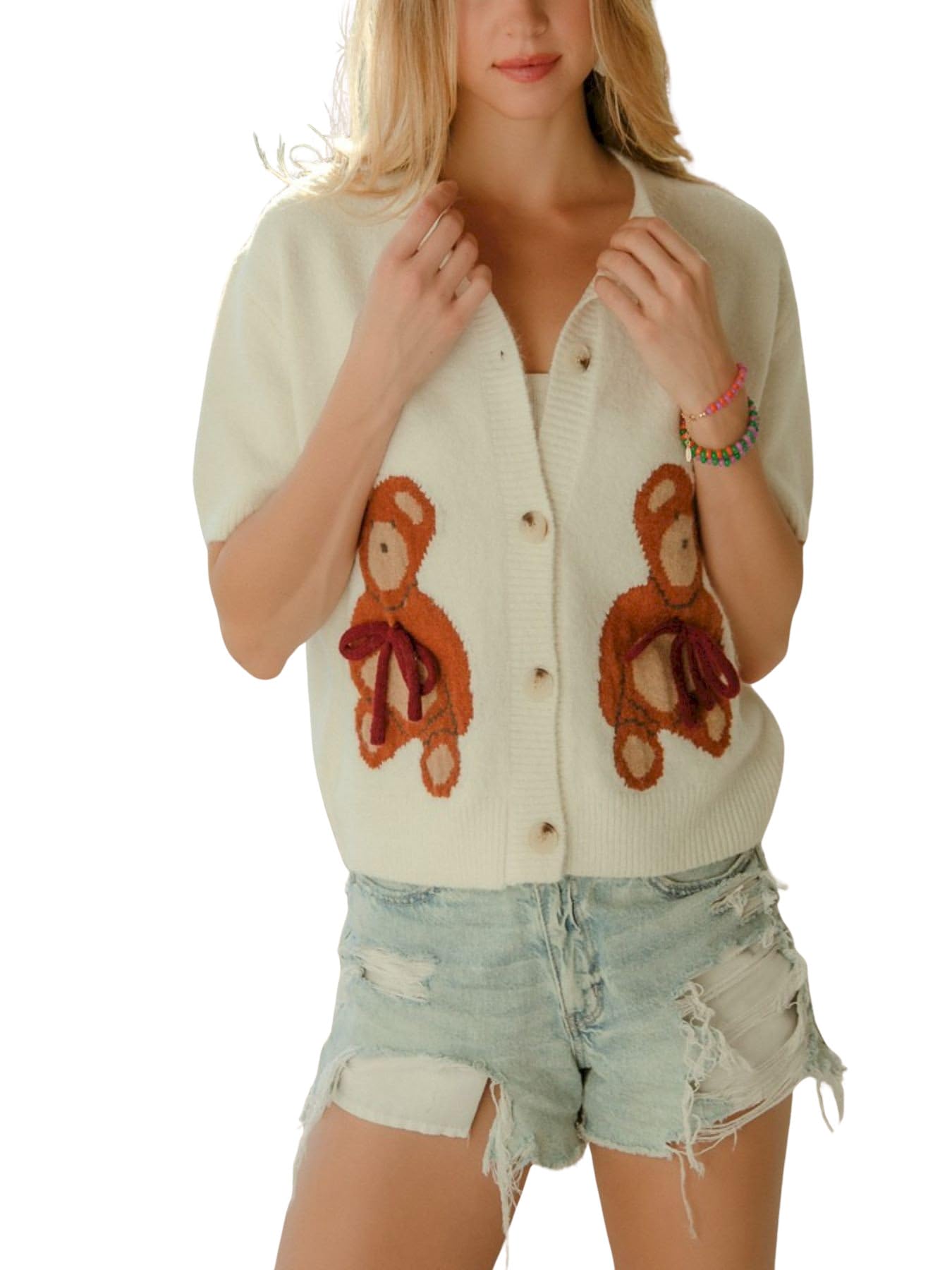 Womens Casual Cardigan Cute Teddy Bear Pattern Short Sleeve Button Up Cropped Sweater White Top