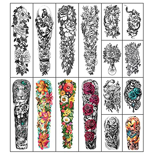 46 Sheets Large Waterproof Full Arm Temporary Tattoos For Men Women, Lily Rose Peony Eagle Lion Mix Flower Animal Design Hand Leg Body 3D Long Lasting Fake Tattoo Stickers #TOP1