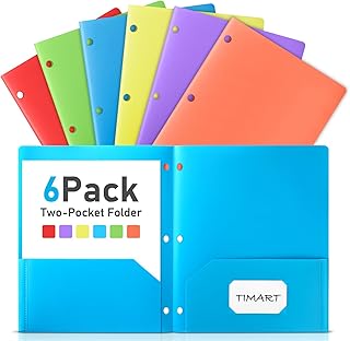 Timart Folders with Pockets 3 Hole Punched-6 Pack, 2 Pocket Heavy Duty Plastic Pocket Folders for 3 Ring Binder, Fit Letter Size Paper File Folder for School Office (Bright)