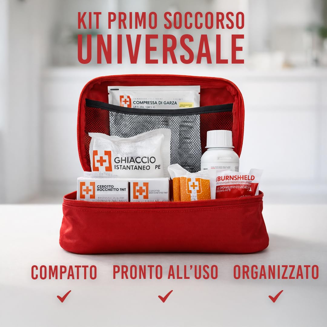 PHARMAPIÙ SPORT – Kit Primo Soccorso per Casa, Auto e Viaggio | Borsa Emergenza Completa con Garze, Cerotti, Disinfettante e Guanti | MADE IN ITALY