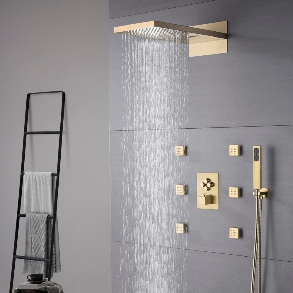 Cascada 9"x22” Rectangular Shower System with Single Handle & 4 Push Buttons, 4 Functions (Rainfall, Waterfall, Body jets & Handheld) (Brushed Nickel)