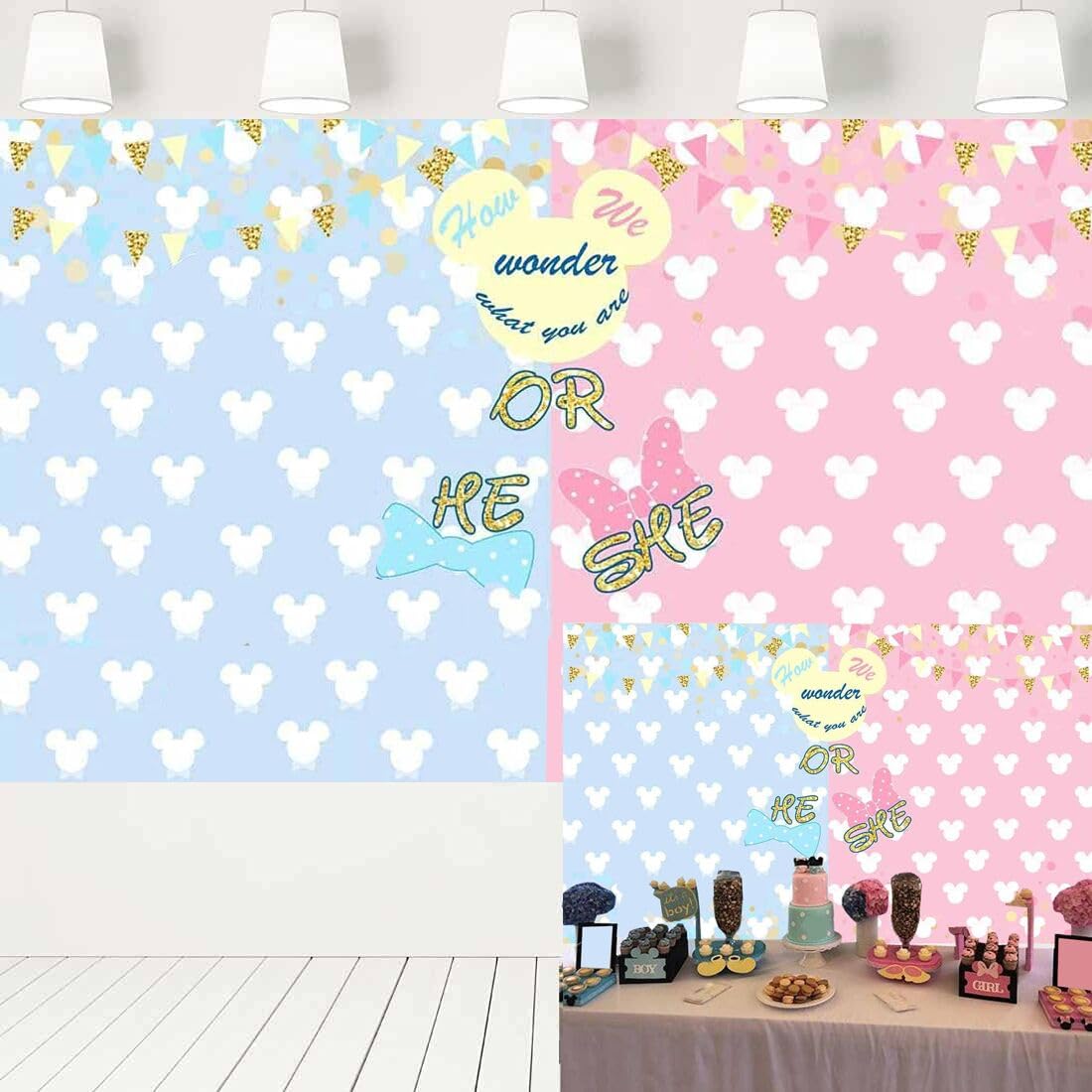 ERIC Mickey or Minnie Gender Reveal Decorations Backdrop Blue Pink Background with Golden He or She Bow Tie or Bow Theme Banner for Baby Shower 357
