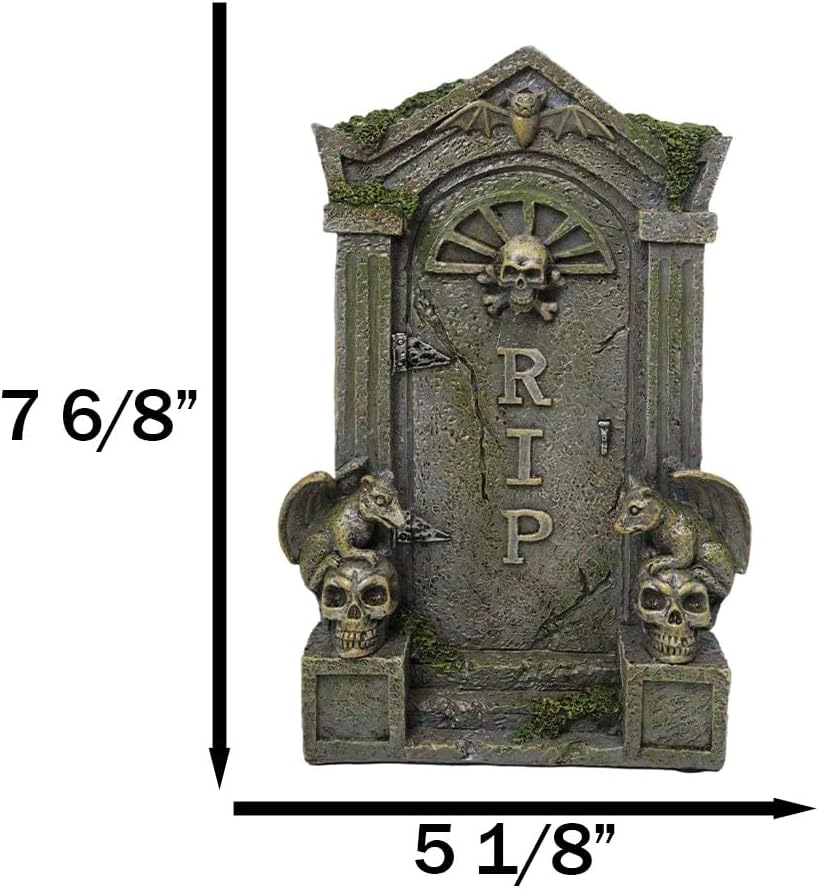 Ebros Gift Day of The Dead Gothic Skulls Night Bat and Gargoyles RIP Tombstone Figurine 7.75" High Ossuary Rest in Peace Graveyard Plaque Decor