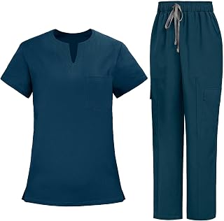 Women's Medical Scrubs Set-Split V-Neck Top with Pocket & Drawstring Cargo Pants, Breathable Housekeeping Uniform