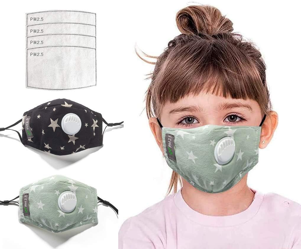 Kid Reusable Face Cotton Bandanas with Breathing Valve with Activated Carbon Filter Replaceable Filters (2 Pack+4 Filters) (green,black)