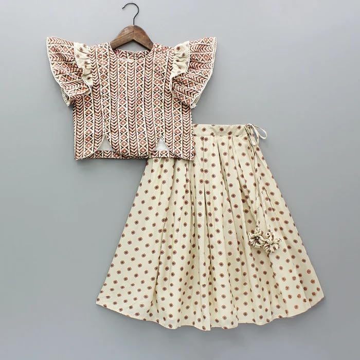 Image of Gorlya Girls Cream & Maroon Printed Lehenga Choli Set | Ruffle Sleeve Blouse with Flared Skirt & Latkan | Ethnic Indian Outfit for Weddings, Parties & Festivals