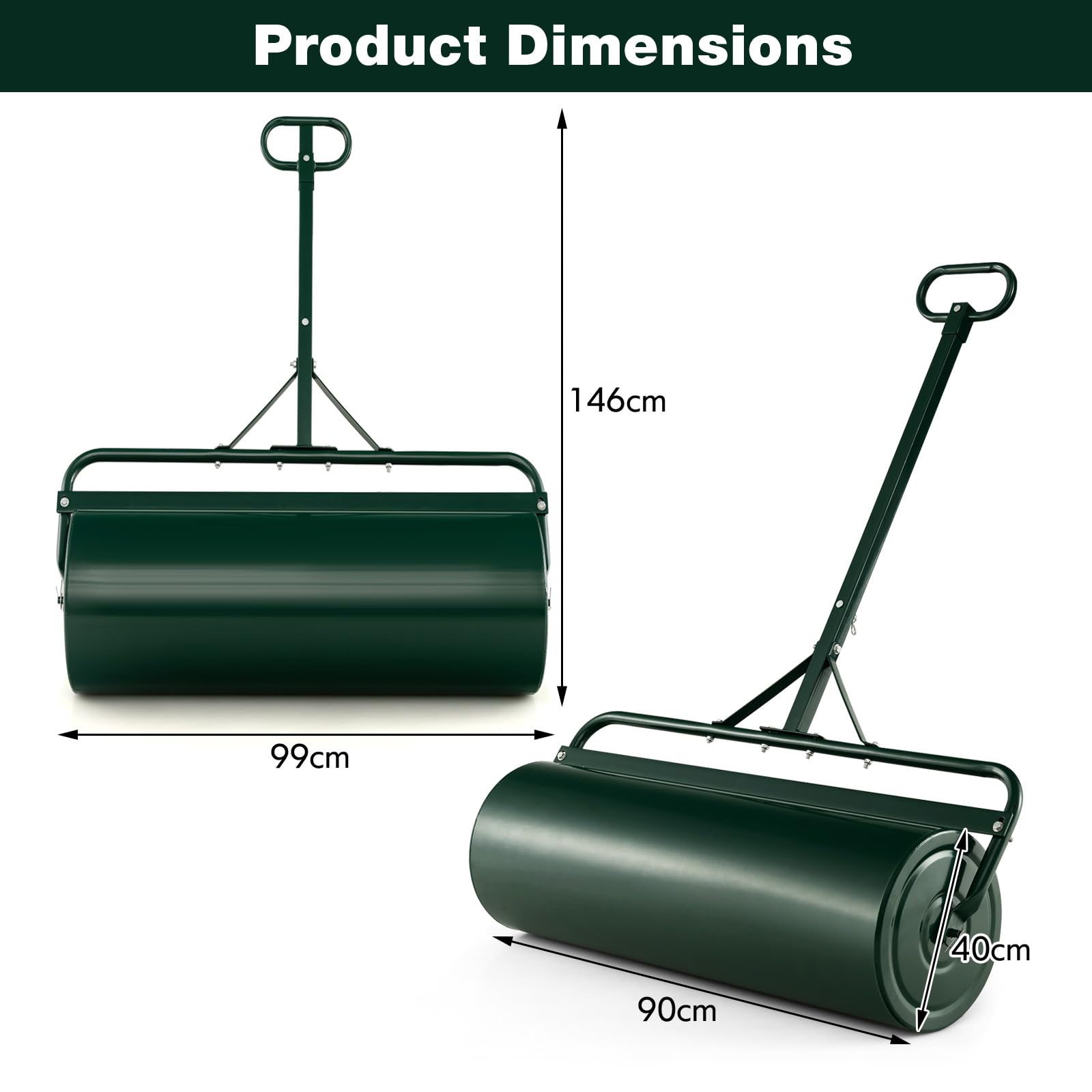 SOARS Rasenwalze befüllbar 113L, Ø40cm Handwalze, Rasenroller mit U-Griff & abnehmbarem Ablassstopfen, Gartenwalze Schwerlasttrommel für Boden, Wiese, Ebenen (Grün-113L)