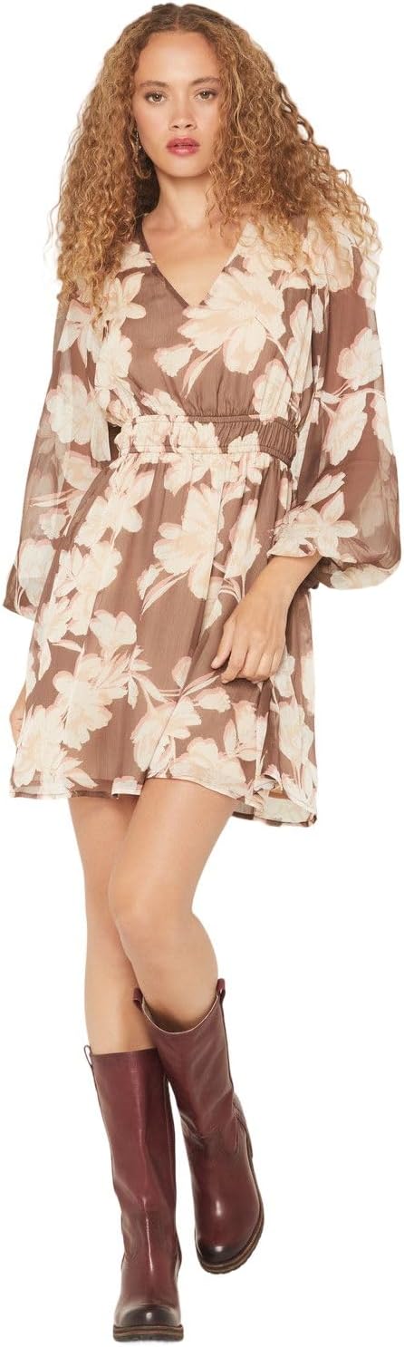 Shyanne Women's Floral Long Sleeve Crinkle Mini Dress - SWFA25D3-BN US Brown