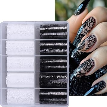 10 Rolls Lace Nail Art Foil Transfer Sticker Kit Black White Flower Foil Transfers Decals Nail Art Sticker Lace Flowers Nail Transfer Stickers Sheets Nail Wraps for Women Girls Manicure Tips