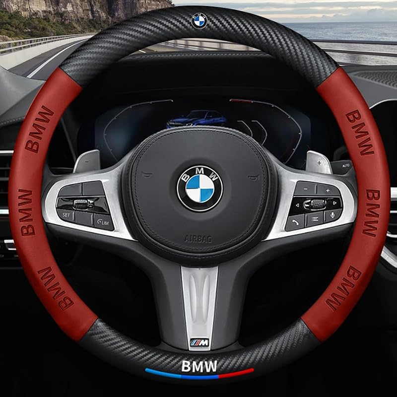 Capa para Volante de Carro em Couro com Textura de Fibra de Carbono Vermelha, Compatível com Volantes de 36,8 a 38,1 cm, Generic