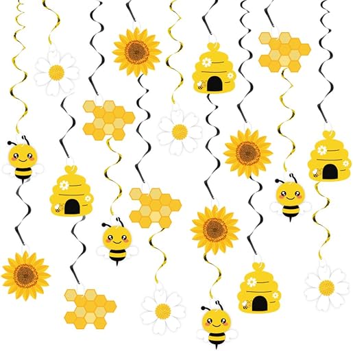 20PCS Bumble Bee Hanging Swirl Decorations, Bee Party Hanging Swirls Foil Ceiling Streamers Honey Bee Themed Party Supplies for Kids Birthday Baby Shower Gender Reveal Bee Party Decoration