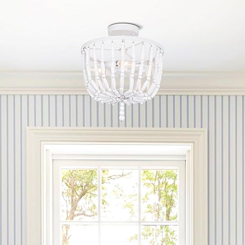 Miniatura 7 de Lámpara de techo con cuentas de madera, estilo bohemio, 3 luces, semiempotrada, lámpara de techo blanca para sala de estar, dormitorio, guardería,