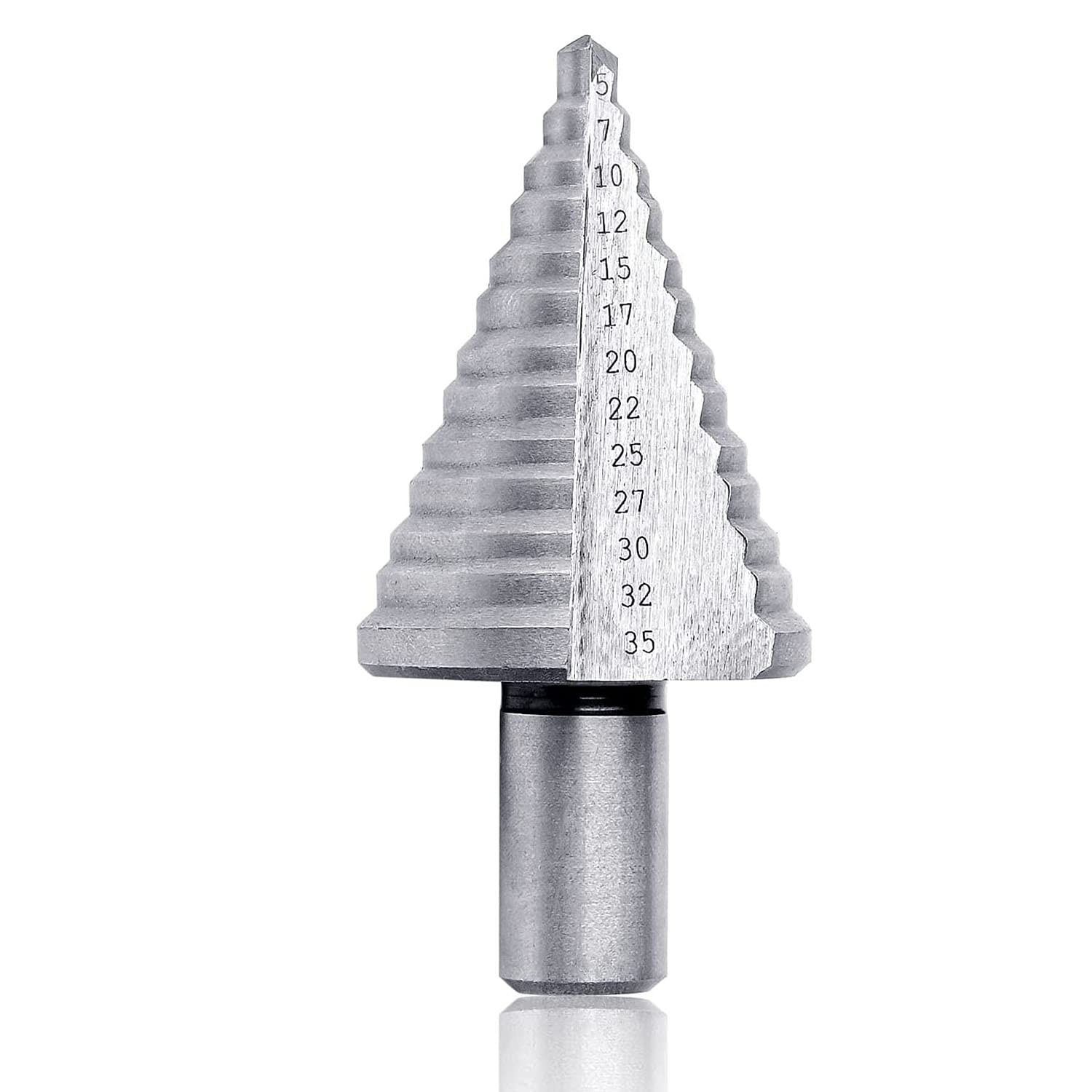 Step Drill Bit, HSS Double Slot Cone Cutting Drill (5 mm-35 mm) with Titanium Coating, Step Cone Drill Bit for Wood Aluminum Plastic PVC Plate - Silver