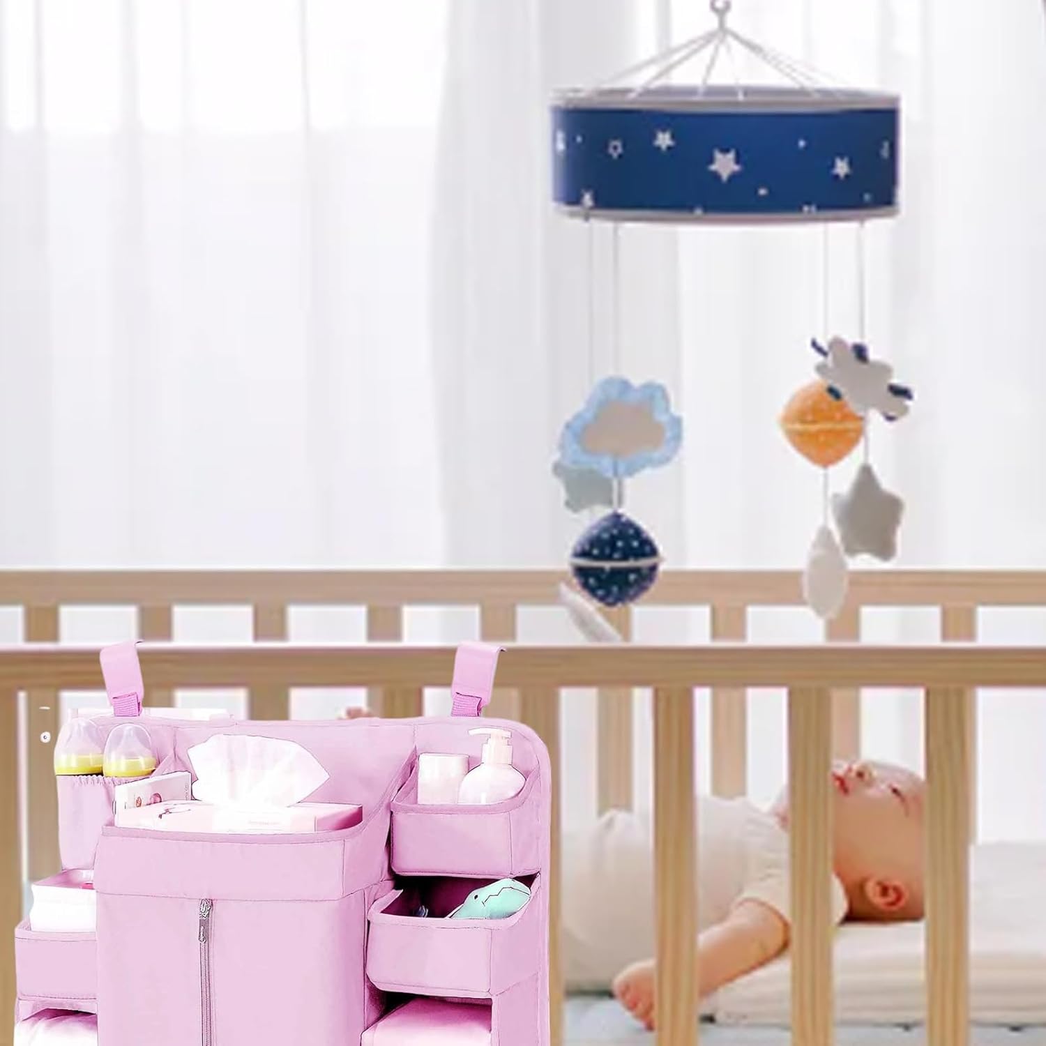 HEMLBOYW 調節可能なストラップと持続可能な生地を使用した、ベビーベッド保育室の整理のための複数のポケット付き吊り下げ収納オー