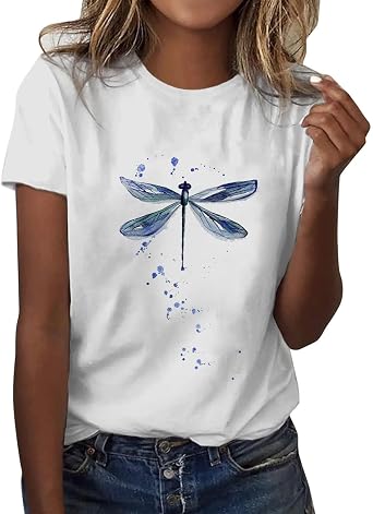 Women's Plus Size Summer Loose Tee Shirt Women's Short Sleeve Dragonfly Print T-Shirts Ladies Casual Round Neck Loose Breathable Shirt Elegant Top Cotton T Shirt, Marine, XXL