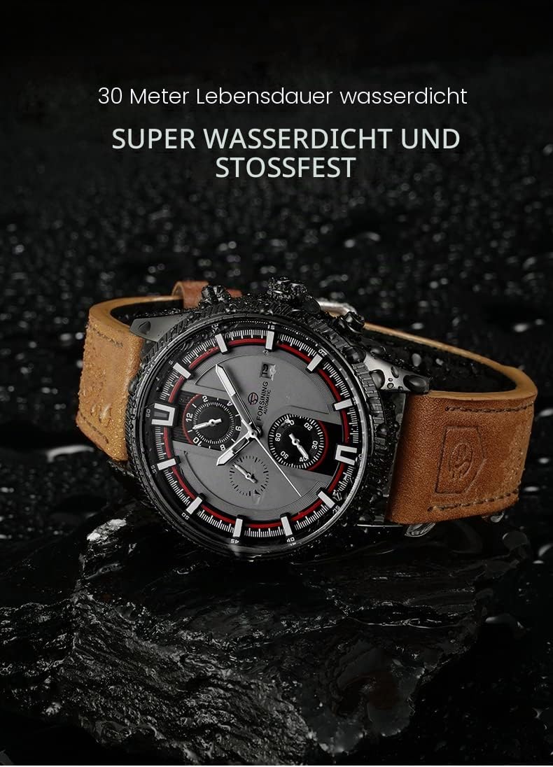 FORSINING Herren Automatik Tourbillon Wasserdicht Kalender mit braunem Lederband Armbanduhr