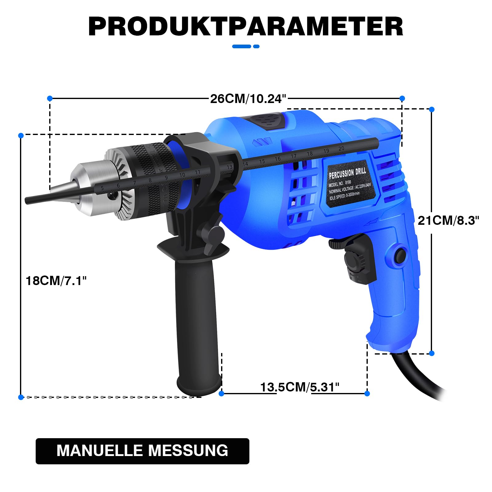 Trapano, 850 W, trapano a percussione 3000 giri/min, martello e trapano 2 in 1, impugnatura supplementare regolabile a 360 gradi, foratura precisa in legno, cemento e acciaio