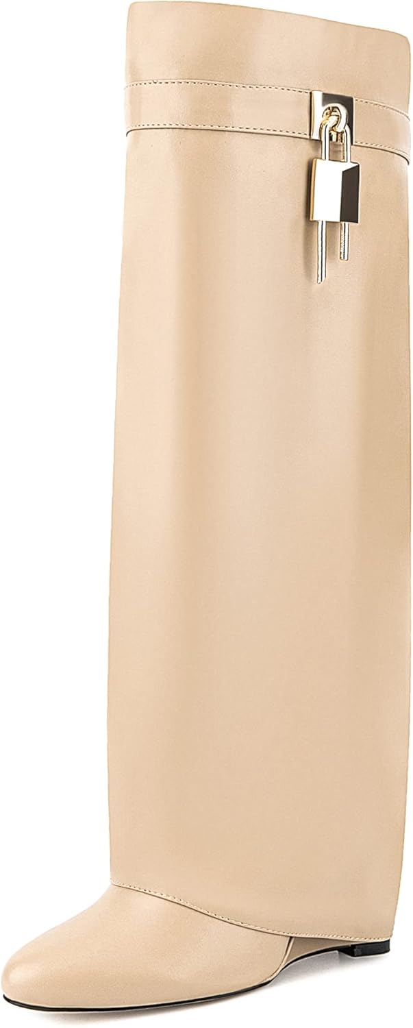 Fold Over Boots for Women Pointy Pull-on Wedge Heel Knee Shark Boot With Side Zipper Padlock Design - Image 4