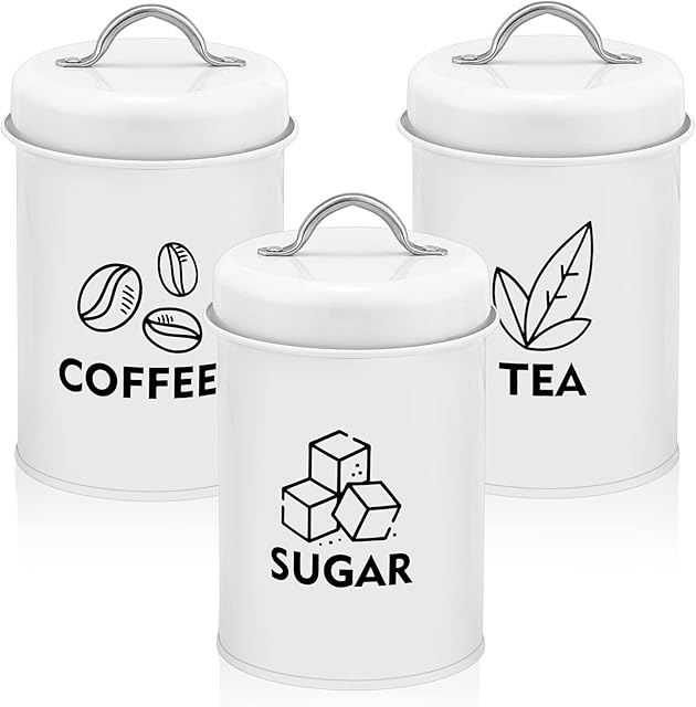 Onader Set of 3 Tea Coffee Sugar Canisters, Metal Storage Containers Jars with Lids for Kitchen Farmhouse Decoration, Perfect for Storing Food, Biscuit, Cakes, Spice or Beans, Vintage Design, White