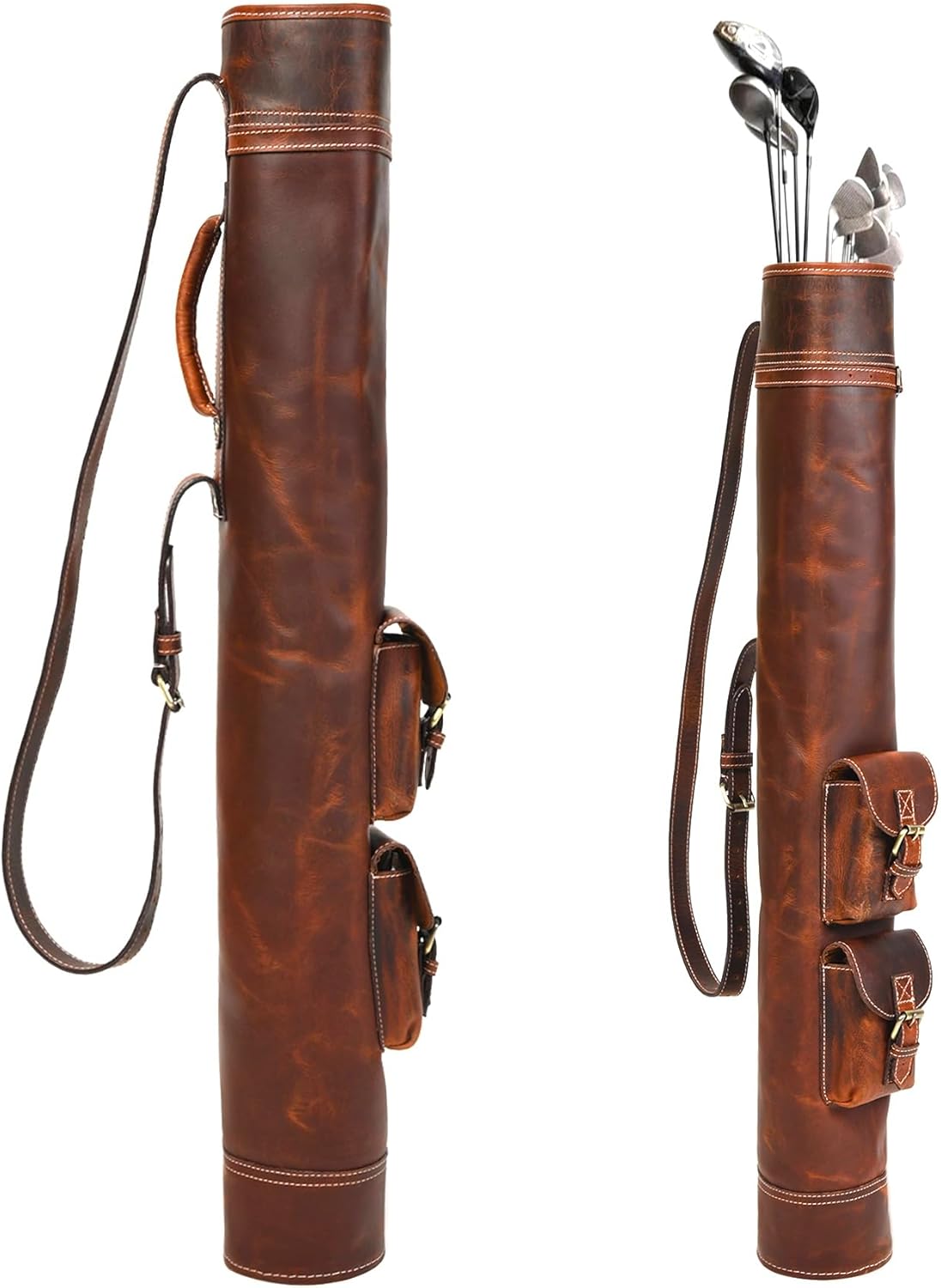 Handmade Leather Golf Club Carry Bag – Brown Vintage Style with Shoulder Strap and Metal Buckles, Soft Lining, Fits 5–6 Clubs | Golf Travel Bag