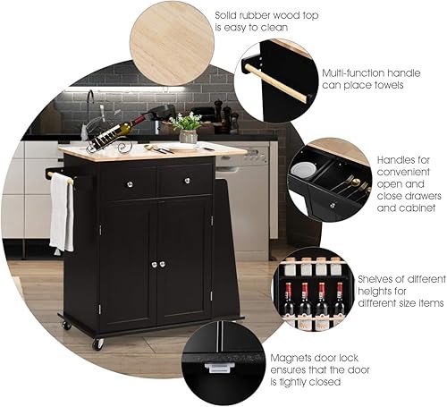 Miniatura 2 de Giantex Carrito de isla de cocina, carrito de madera rodante con armario de almacenamiento, mango de toalla, 2 cajones, estante lateral para