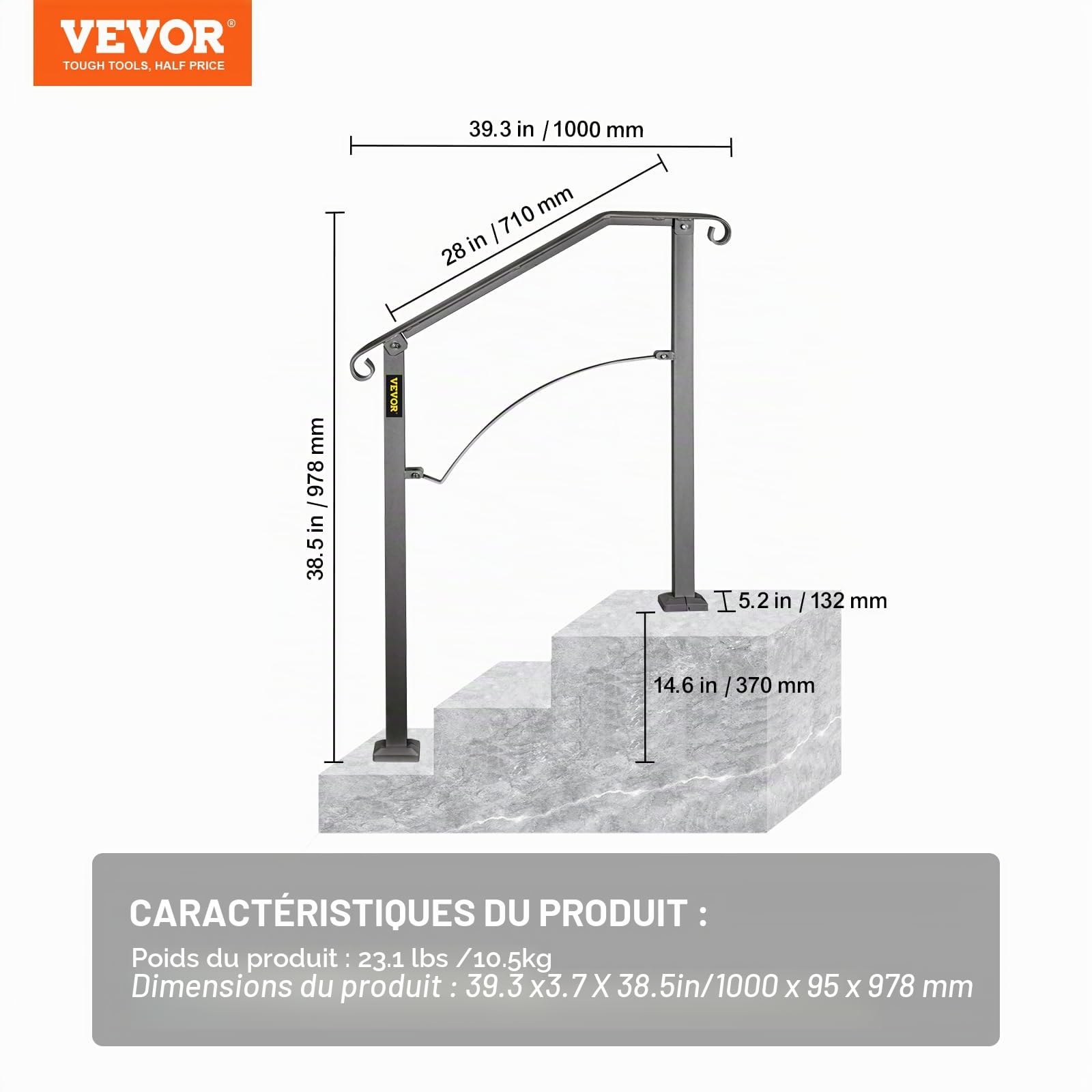 VEVOR Rampe d'Escalier 2 à 3 Marches Garde-corps pour Escalier Main Courante Noire pour Escalier Rampe en Forme Arche