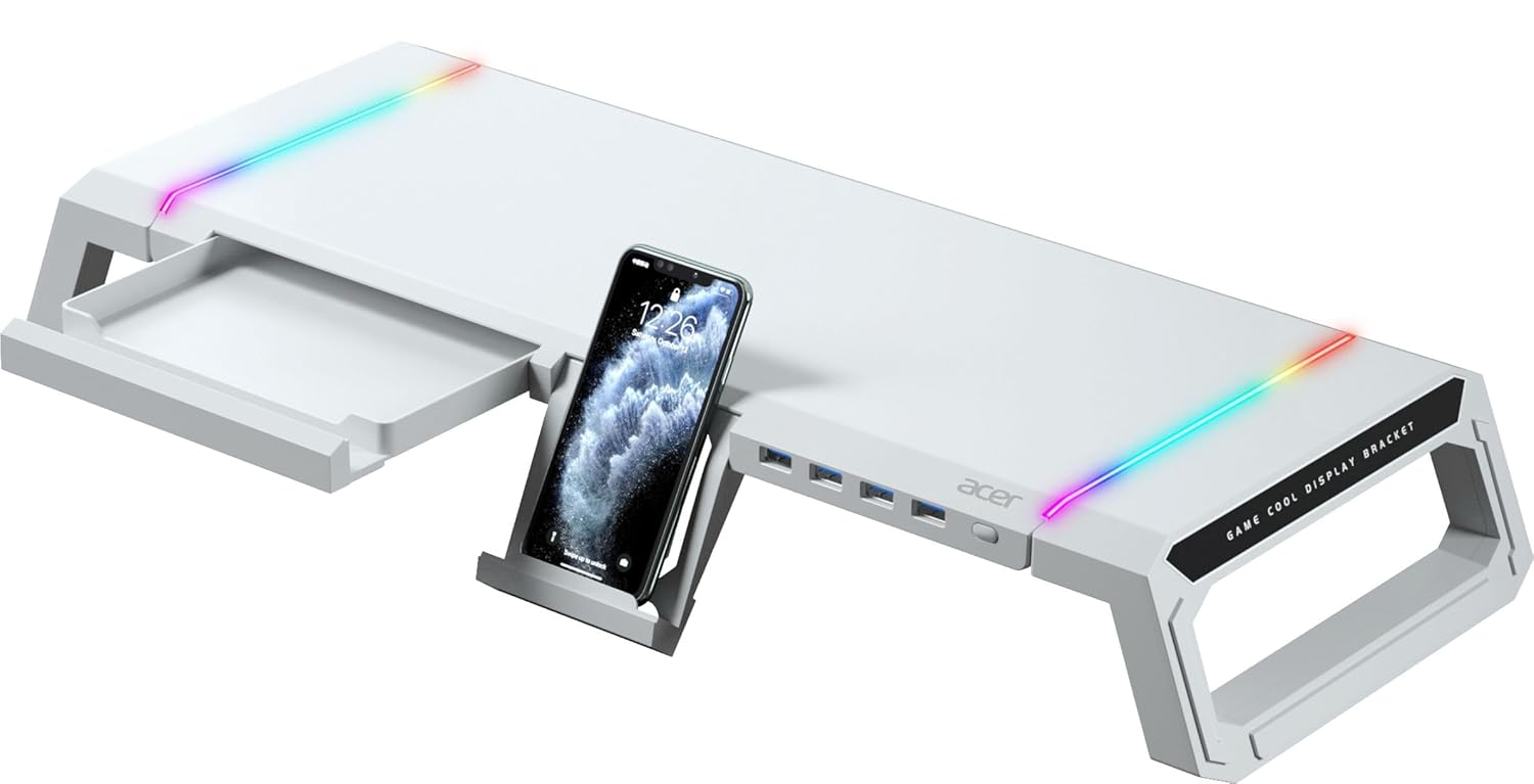 Acer Ergo Multifunction Monitor & Laptop Stand Featuring RGB Lighting and a 4-Port USB Hub with Aluminum Multi Keyboard Storage Space Bar, Suitable for Both Office and Home Environments (White) Acer Ergo Multifunction Monitor & Laptop Stand Featuring RGB Lighting and a 4-Port USB Hub with Aluminum Multi Keyboard Storage Space Bar, Suitable for Both Office and Home Environments (White)