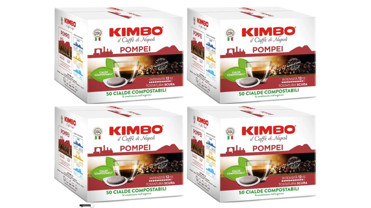 Kimbo Pompei Kaffeepads, Kompostierbare Pads, Intensität 12/13,4 er pack x 50 Stück,200 Stück, +Italy shop Kostenloser Schlüsselanhänger