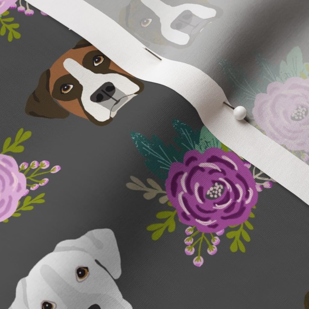Spoonflower Fabric - Boxer Dog Dogs Heads Charcoal Flowers Head Florals Pet Portrait Printed on Cotton Poplin Fabric by The Yard - Sewing Shirting Quilting Dresses Apparel Crafts