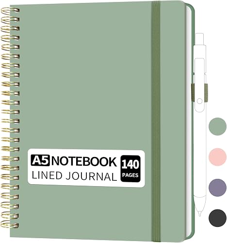 YOXMJDB Lined Spiral Notebook, Small A5 College Ruled Notebook with Pen Holder, 140 Pages Hardcover Notebook Journal for Women, To Do List Notebook for Work, Bible, and Meeting (A5, Green)