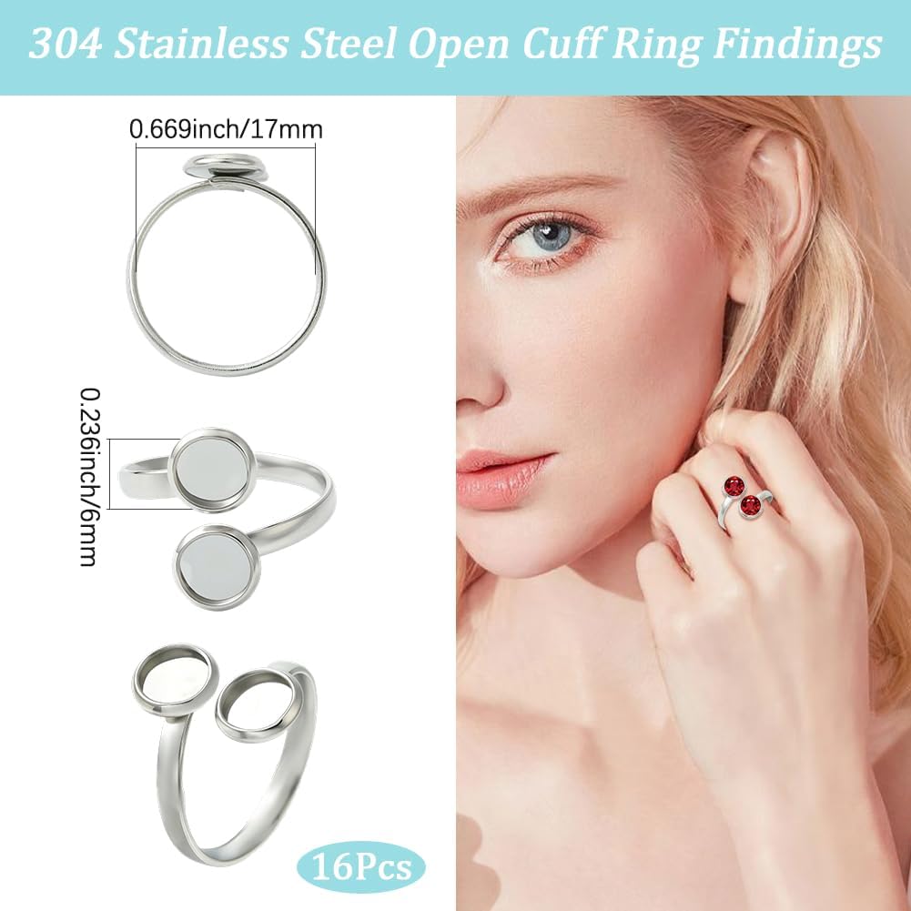 Beebeecraft 1 Box 16Pcs Adjustable Blank Rings 304 Stainless Steel Ring Bezel Tray Cabochon Base Settings for Jewelry Making DIY Supplies Findings