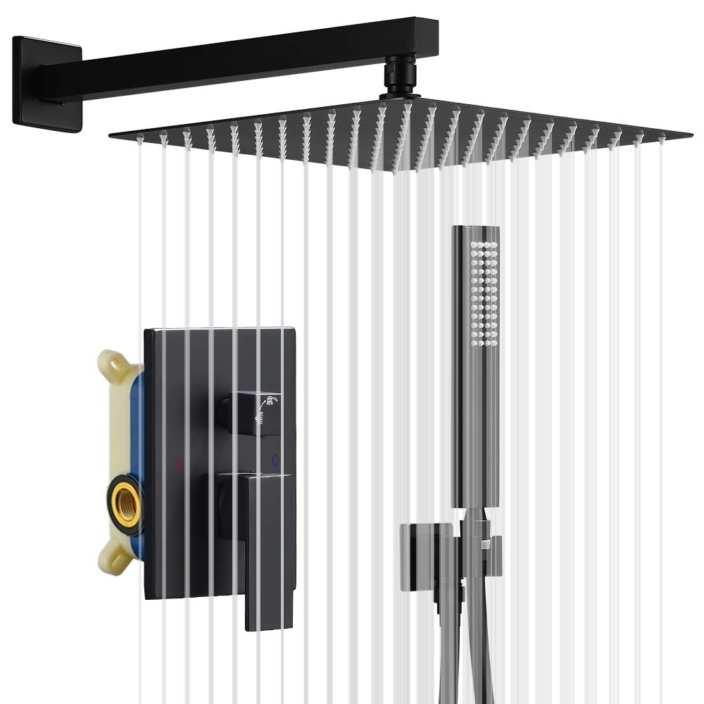 IriberMatte Black Shower Set with 10 Inch High Pressure Rain Shower Head and Handheld and Shower Faucet Mixer Valve Modern Shower System Including Pressure Balance Valve Shower Trim Kit for Bathroom