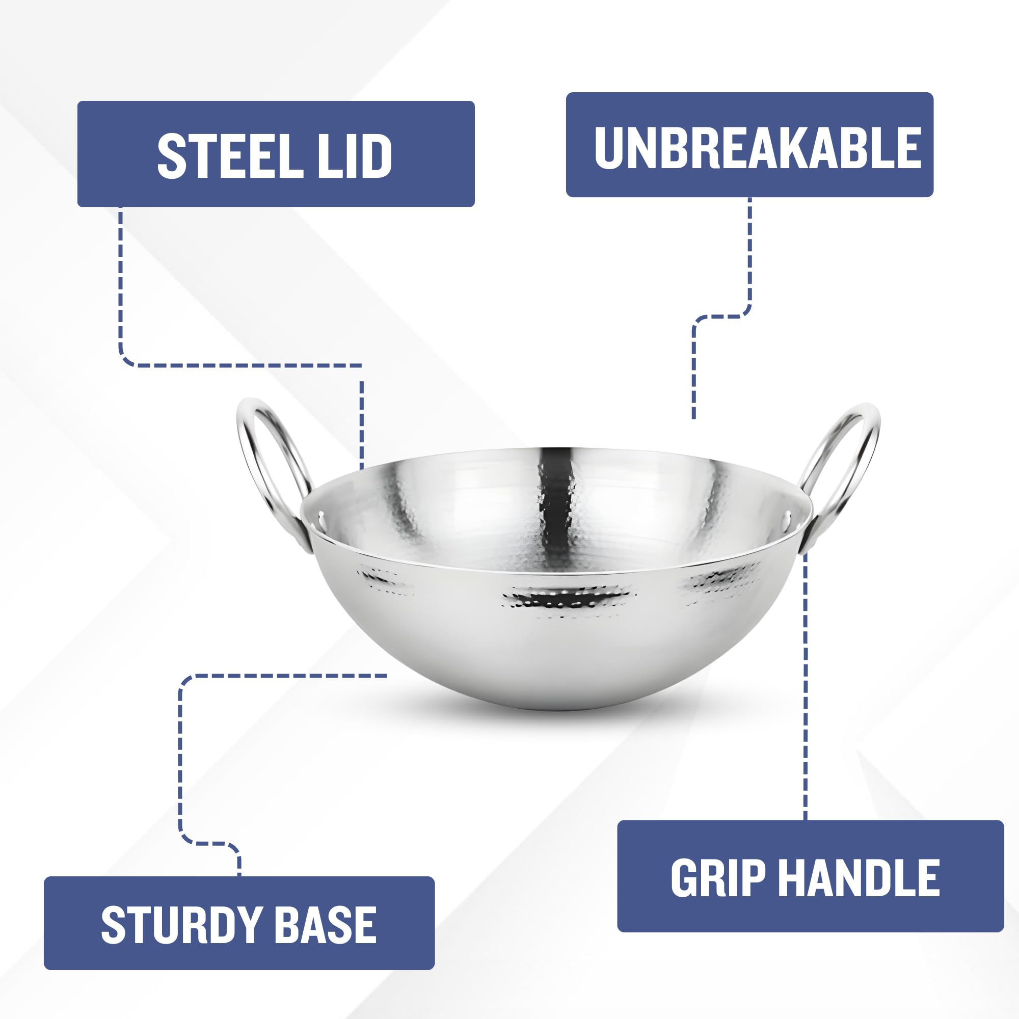 Prabha Stainless Steel Hammered Finish, Heavy Gauge Kadhai, Kitchen Wok with 3.4L Capacity & 280mm Size, Compatible with Gas Stove - Image 2 thumbnail